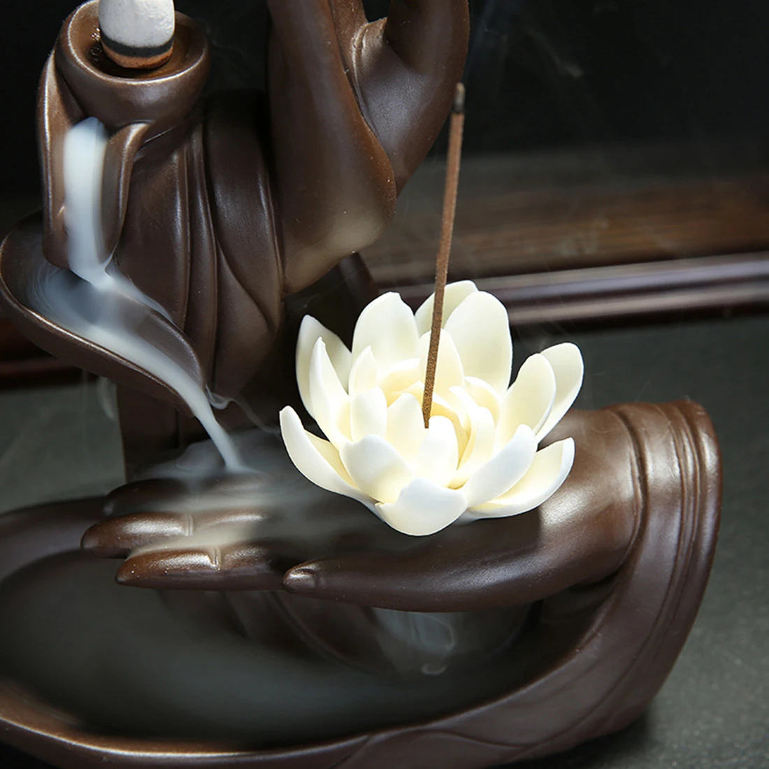 Ceramic Backflow Incense Burner Tathagata Buddha Lotus Incense Cones Stick Holder Smoke Waterfall Creative Home Bouddha Decor