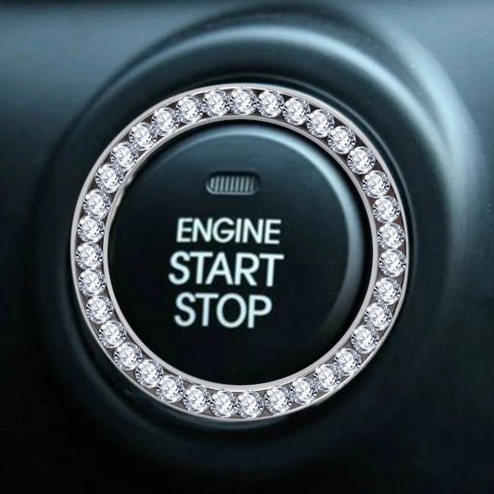 Car SUV Bling DecorAccessories Button Start Switch Button Silver Diamond Ring