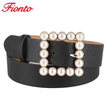 

Leather Belt Women's Fashion Wild Solid Color Belt Alloy Square Buckle Inlaid Pearl Decoration Sweet Style Belt Women AN1018