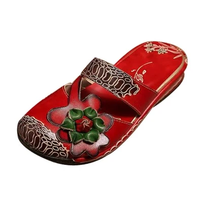 BEYARNE/цветочные сандалии; обувь из натуральной кожи; женские шлепанцы ручной работы; вьетнамки на платформе; сабо для женщин; сандалии размера плюс - Цвет: Красный