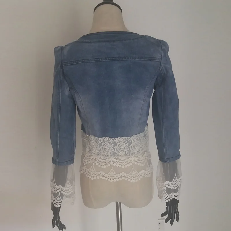 N.XINZHE Elegant floral lace denim jacket coat women Casual short basic jacket Beading Patchwork Slim jean jackets Plus size 3XL