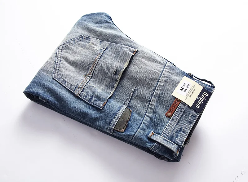 Итальянский Винтаж Стиль модные Для мужчин джинсы голубой цвет белый мыть Классическая Рваные джинсы Для мужчин кнопки брюки брендовые