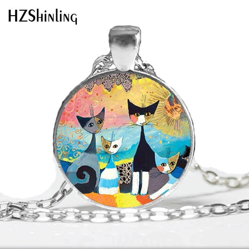 

NS-00750 New Design Colorful Cats Family Necklace Handmade Colorful Jewelry for Animal Lover Art Glass Dome Pendant HZ1