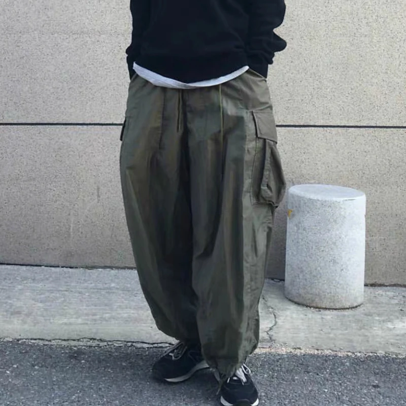 

Japanese Style Ankle-length Baggy Cargo Pants Military Pocket Loose Cotton Pants Hip Hop Streetwear