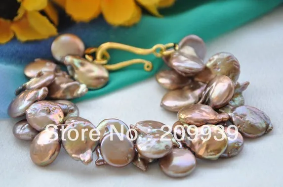 

huij 00307 2row 8" 15mm coin coffee Freshwater cultured pearl bracelet