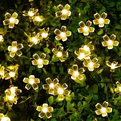 7 м 50 светодиодов Peach Blossom Открытый солнечной энергии струнный Свет прозрачный цветок солнечные украшения свет для патио, сады, Рождество