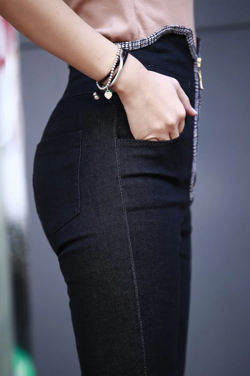 Демисезонный Новый Для женщин сращены Высокая талия джинсы в Корейском стиле эластичные облегающие джинсовые штаны ботильоны Длина