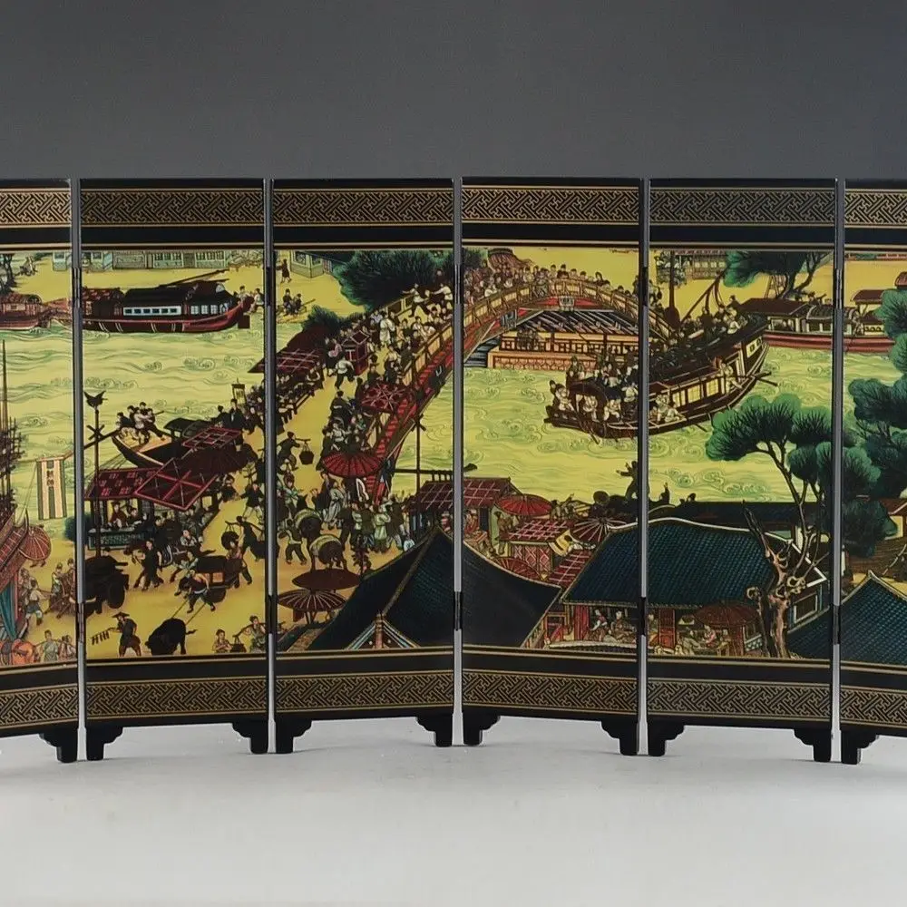 

CHINESE LACQUER WARE HAND PAINTING QINGMING FESTIVAL HOME folding screen DECOR gift