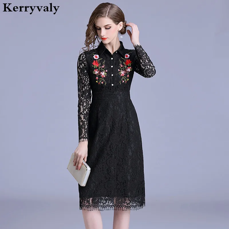 OL/Стиль цветочной вышивкой Черное Кружевное Платье из коллекции Moda Mujer 2021 осеннее