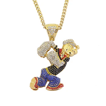 

New Men Hip Hop Bling Bling Cartoon Movie Popeye Gold Color CZ Crystal Pendant Necklace Cuban Chain Jewelry