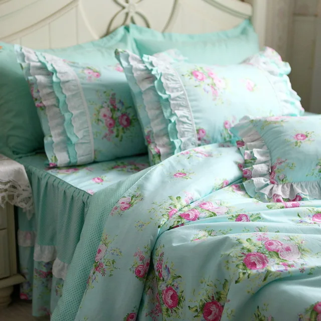 Rural Turquoise Polka Dots Pink Flower Ruffle Embroidered Lace Rural Turquoise Polka Dots Pink Flower Ruffle Embroidered Lace Bedding Sets Blue Rose Duvet Cover