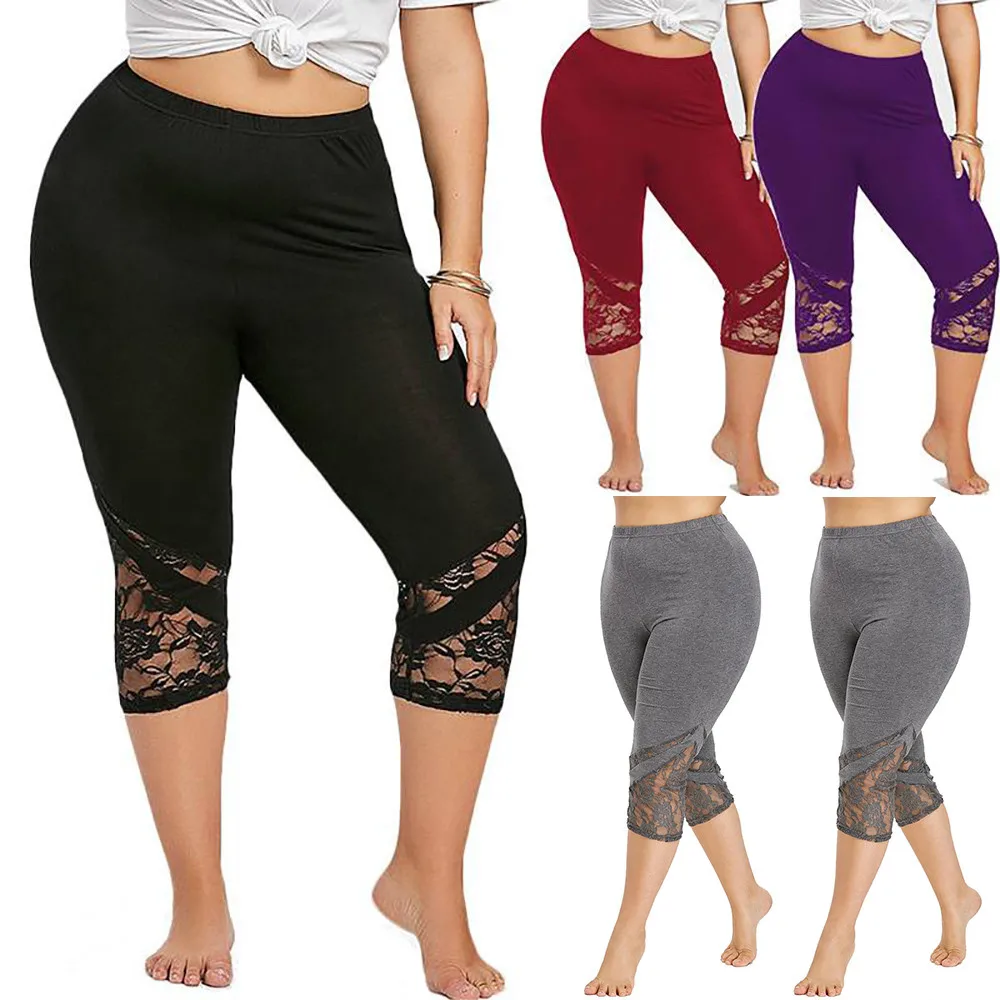 Women Lace Plus Size Skinny Pants Yoga Sport Pants Leggings Trousers