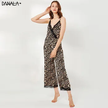 

DANALA Sexy Leopard Sleepwear Jumpsuit For Women Lace V-Neck Sleeveless Sling Female Nightwear Home Wear