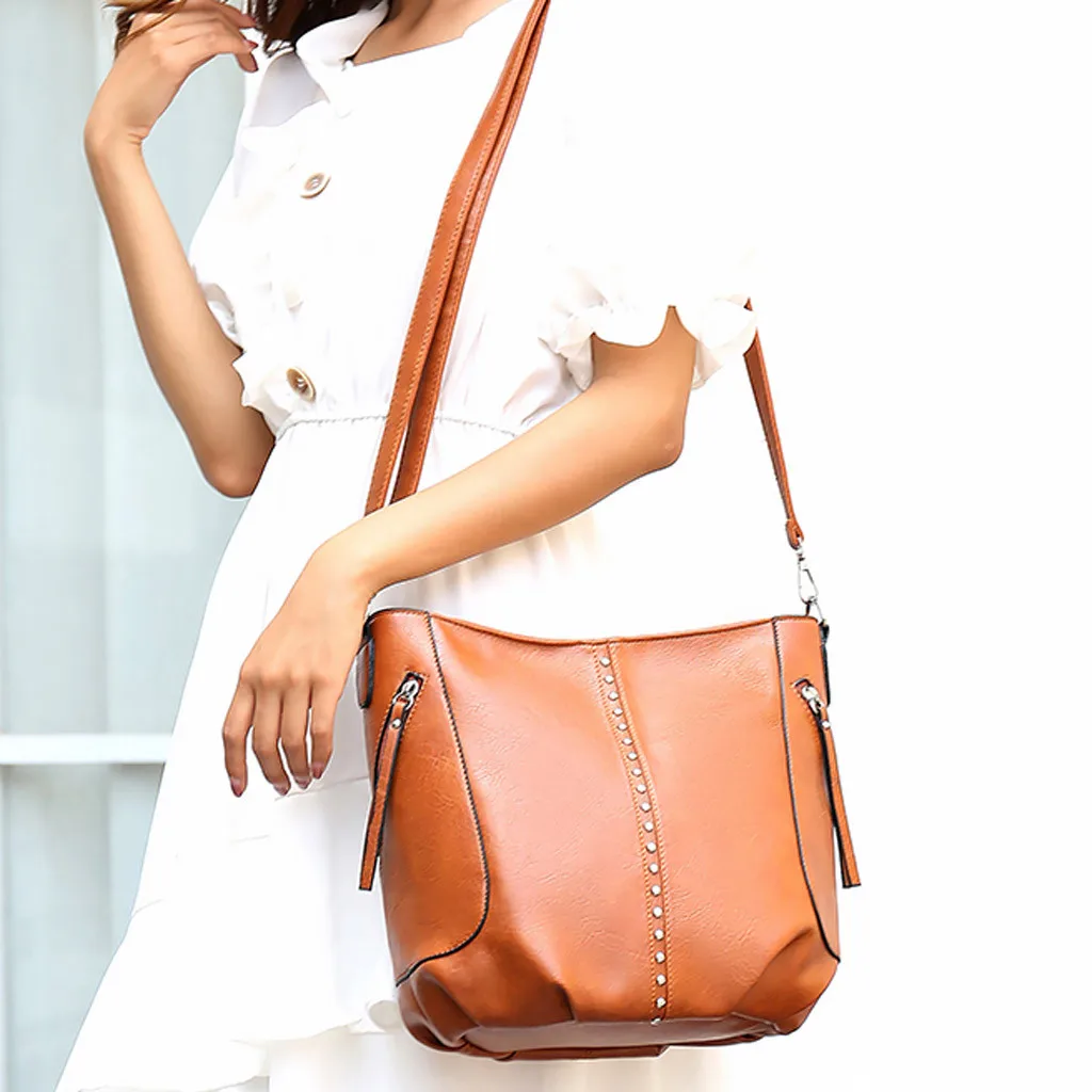 

Fashion Women Rivets Pure Color Leather Handle Bag Messenger Bags Crossbody Casual Handbag Casual Female Trunk Tote Bags #R20