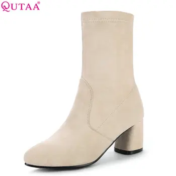 

QUTAA 2020 Women Ankle Boots Square Med Heel Round Toe Black Slip On Flock Simple And Fashion Style Women Ankle Boots Size 34-43