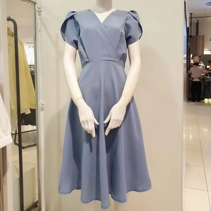 

LANMREM2019 Summer New Fashion Clothing High Quality Cross V-neck Laced Butterfly Slim Petal Short-sleeved Women DressQJ240