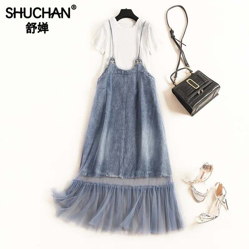 

Shuchan Fashionable Denim Sets for Women Casual T-shirt+patchwork Mesh Denim Dress Matching Sets Womens 2 Piece Sets 2019 51567