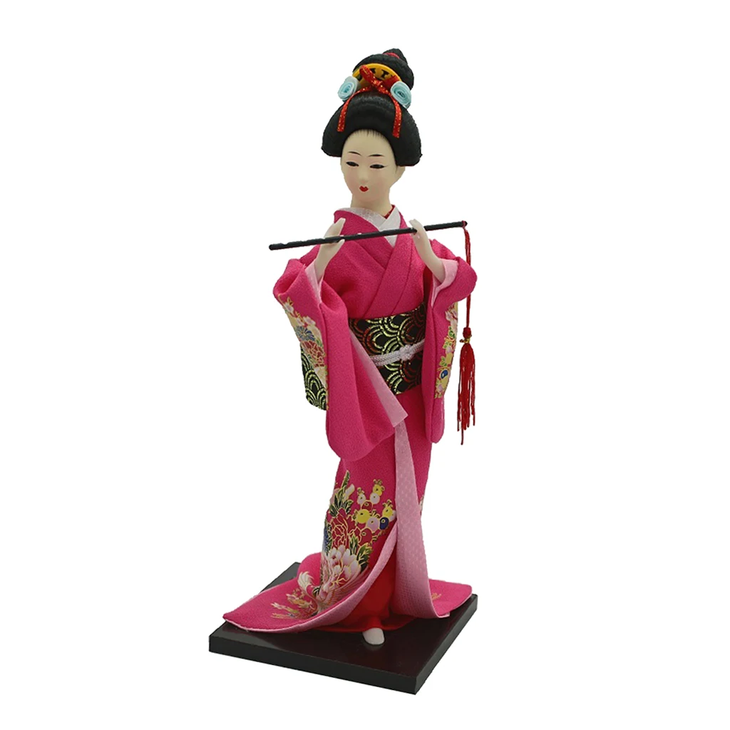 Traditional Japanese Standing Geisha Doll Model Decor Wearing Rose Red Clothes & Flute