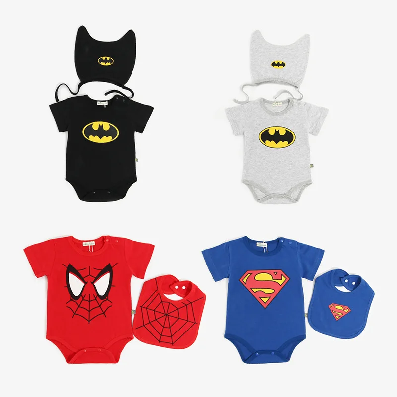 

New Arrival Summer Infant Baby Boy Rompers Spiderman Superman + Bibs, Black/Gray Batman + Hat Superhero Batman Baby Jumpsuit