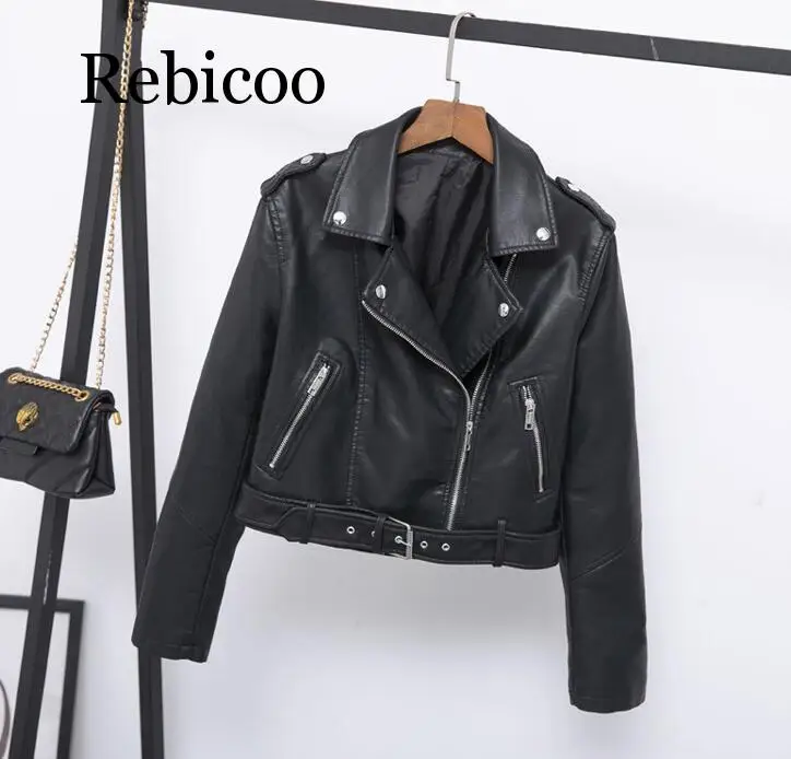 2019 new classic lapel short belt women's PU leather simple leather jacket motorcycle jacket