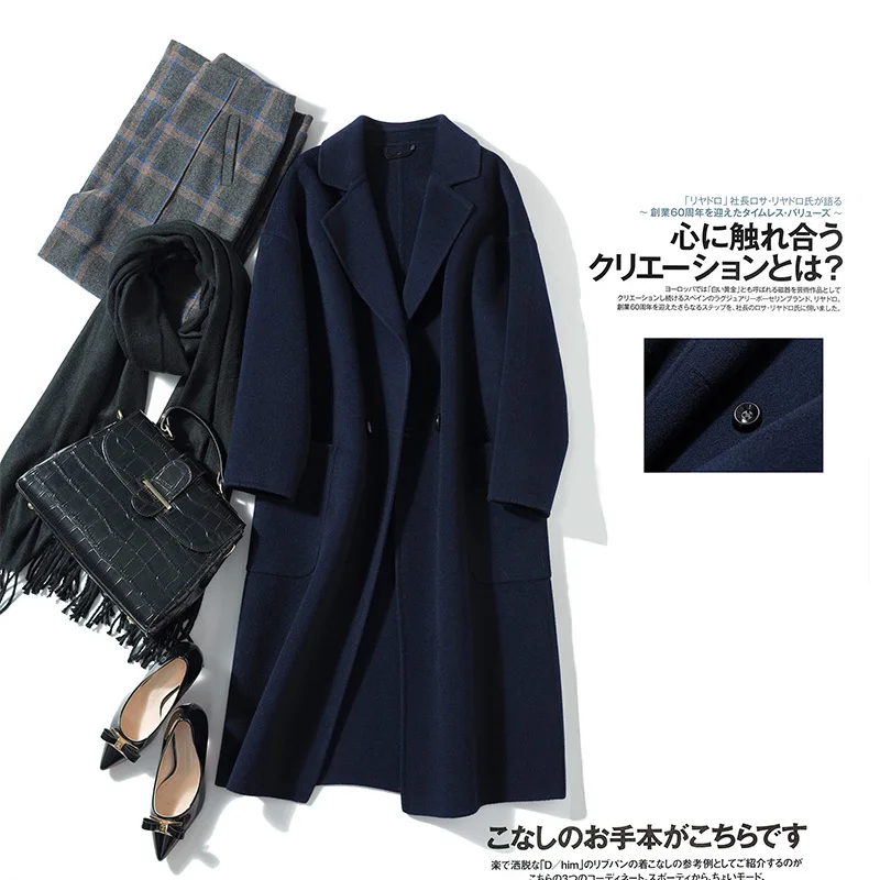 Tcyeek осенне-зимнее женское пальто шерстяное пальто женские длинные куртки Корейская Весенняя шерстяная одежда черное пальто LWL1324 - Color: button navy blue