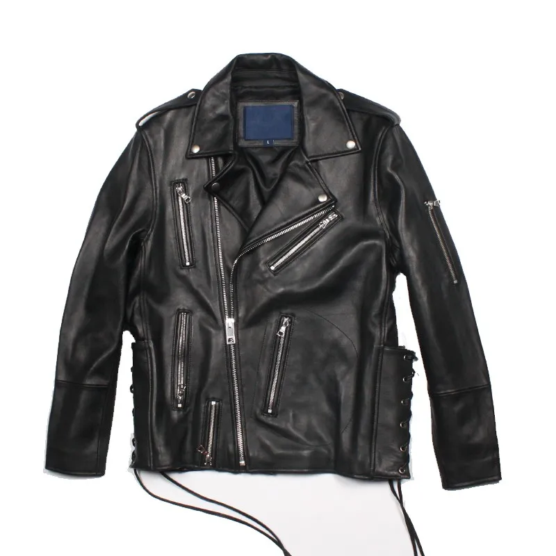 Мужская короткая куртка из натуральной кожи, однотонная, черная, модная, мотоциклетная, байкерская куртка, Лидирующий бренд, уличная, из овчины, тонкая, зимняя куртка