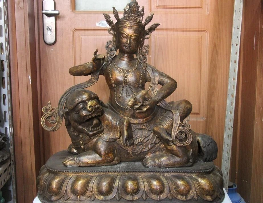 free shipping 20" Tibet Copper Bronze Gild Sit Foo Dog Lion Vaishravana