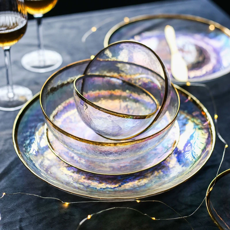 Dazzle Colour Glass Dinnerware Flat Plate Salad Bowl Gold Edge Western Food Tray Steak Snach Dishes Fruit Bowls Container 1pcs