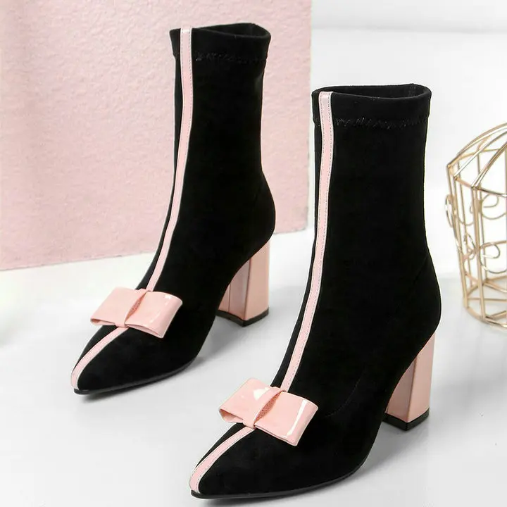 Для женщин милый бантик ботильоны на толстых высоких каблуках женская мода слипоны осенне-зимние сапоги с острым носком черный, розовый желтый