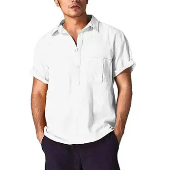 

MISSKY Men Summer Shirt Solid Color Linen Cotton Shirt Short Sleeve Lapel Collar shirt Male Clothes With Pocket