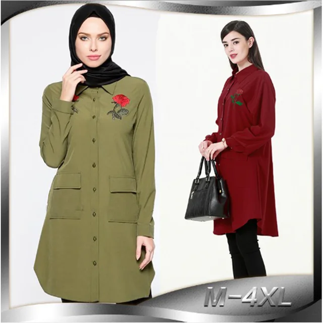 Muslim blouse embroidery womens tops flower shirt dress abaya robe Muslim blouse embroidery womens tops flower shirt dress abaya robe