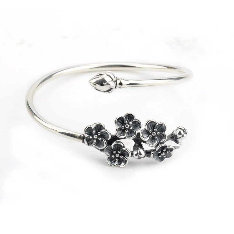 925 Sterling Silver Cuff Bangle European Style Bracelets Silver Plum blossom For Women Fashion Jewelry