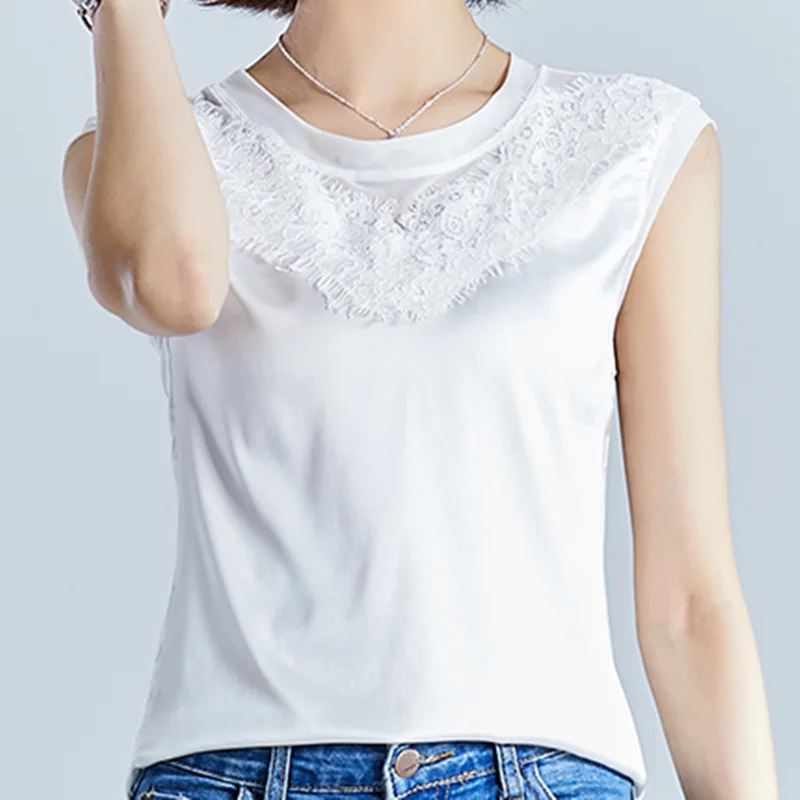

Women Blouse Summer Silk Tank Top Women Lace Patchwork Shirts Plus Size Tops Office Lady White shirt Top Korean Ladies Black Top
