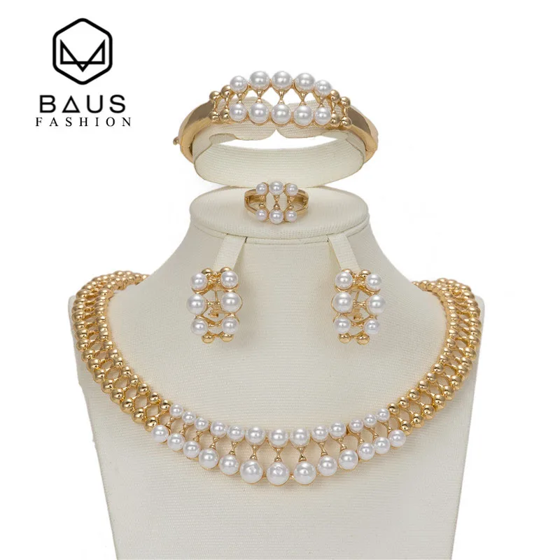 BAUS модные африканские жемчужные Ювелирные наборы Свадебные золотые цвета ожерелье набор вечерние женские Модные свадебное кольцо серьги аксессуары