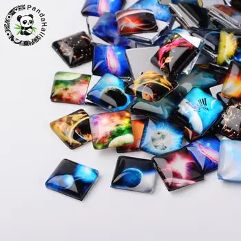 

Starry Sky Printed Glass Square Cabochons, Mixed Color, 25x25x5~6mm