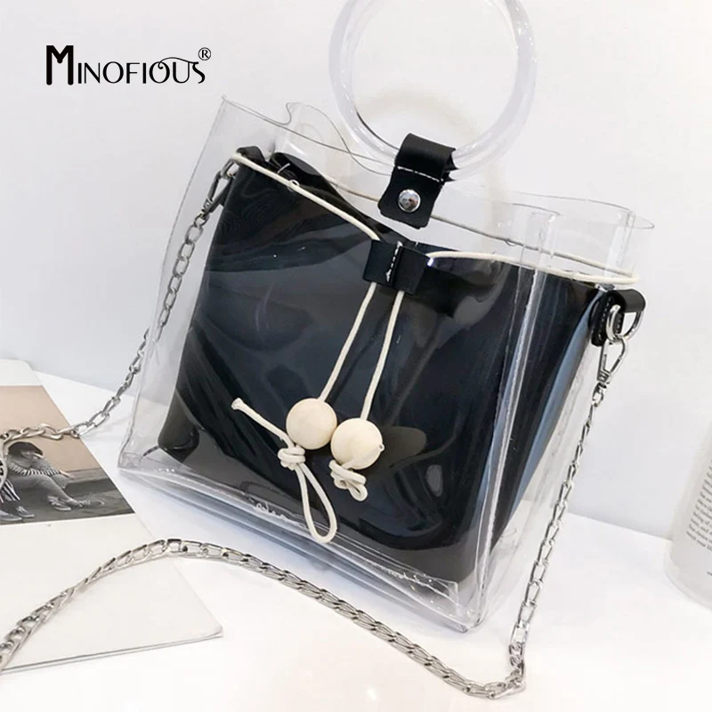 

MINOFIOUS Women Clear Composite Bag Summer PVC Shoulder Bags New Transparent Jelly Bag Mini Small Drawstring Tote Ring Handbag