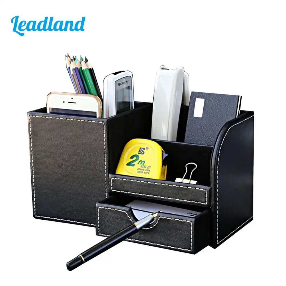 Multi-Function Desk Stationery Organizer Storage Box Pen Pencil Holder Business Cards Stand Mobile Phone//Remote Control Holder Office Supplies Holder Collection Desktop Organizer Brown