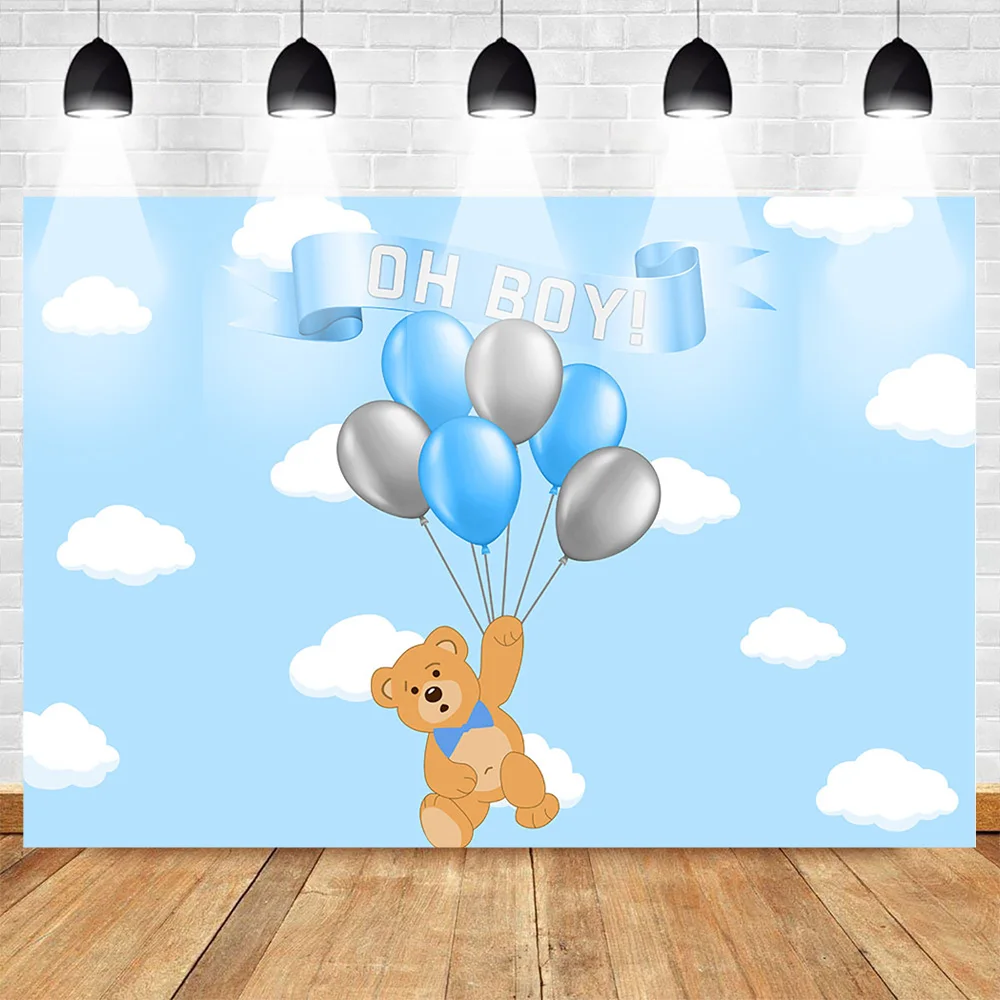 

Mehofoto Cartoon Bear Photography Backdrops for Boy Balloons Birthday Party Newborn Baby Photo Background Cloud Blue Sky