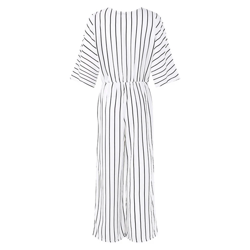 Fashion Women Autumn Jumpsuit Holiday Sexy V-Neck Three Quarter Sleeve Striped Loose Wide Leg Jumpsuit Playsuit Combinai F#S04 (18)