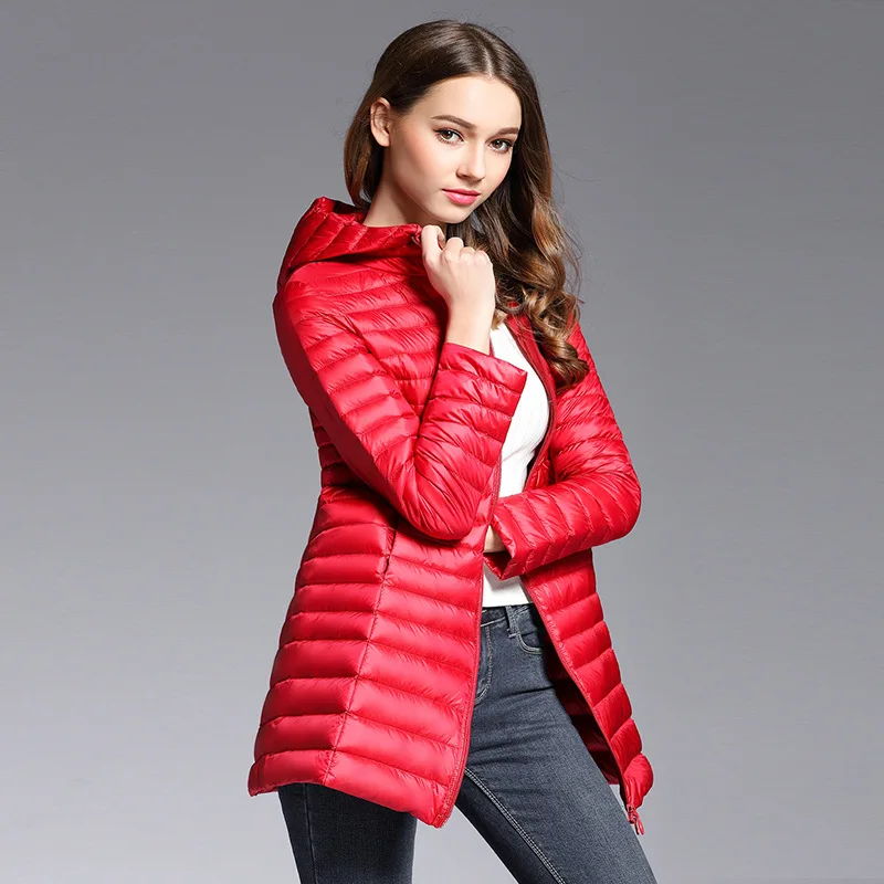 Ceny 90% biały płaszcz z kaczego puchu kobiety ultralekki dół kurtki 2019 zima nowy kobiety długi płaszcz Parka z kapturem