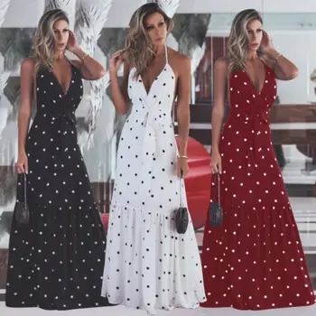 

2019 Women Boho Polka Dot Maxi Dress Ladies V-neck Bandage Halter Sleeveless Backless Party Dresses Summer Beach Casual Sundress