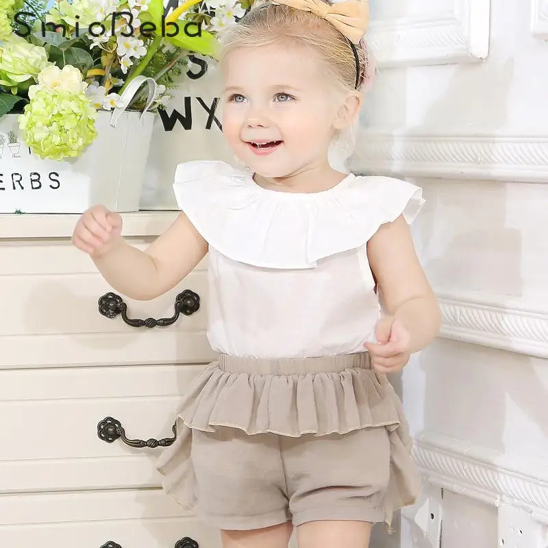 

Ins Baby Girl Clothing Brand 2 Piece Set Girls Suit Summer Cute Lotus Collar Shirts+ Shorts Pants Two Pieces Set For Summer Baby