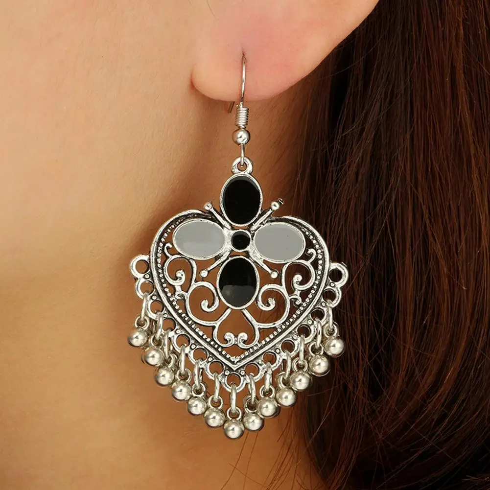 1 Pair of Hook Earrings Vintage Women Hollow Heart Bells Tassel Alloy