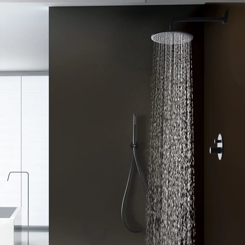 Brass Black Shower Faucets 30cm Rainfall Shower Head Bathroom Shower Set Diverter 2 Ways Thermostatic Valve Shower System Round Brass Black Shower Faucets 30cm Rainfall Shower Head Bathroom Shower Set Diverter 2 Ways Thermostatic Valve Shower System Round