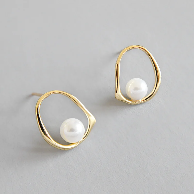 

1Pair Authentic Real 100% 925 Sterling Silver fine Jewelry Pearl on the Geometric Open Oval Stud Earrings gtle2427