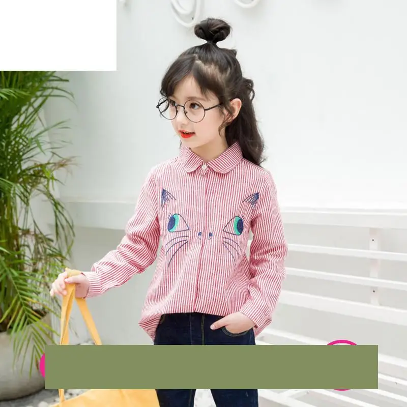 

2019 New Fashion Girls Shirts Long Sleeve Striped Cat Embroidery Red Blouse For Girls School Uniform Spring Clothes 8 To 12 Year