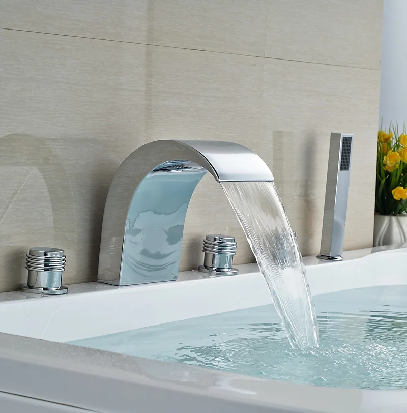 Contemporary Bathroom Bathtub Mixer Faucet Three Holders W/ Pull Out