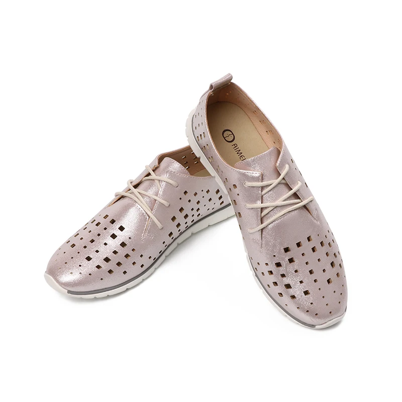 AIMEIGAO New Autumn Spring Soft Leather Women Flats Shoes Lace Up Breathable Shoes Hollow Out Casual Women Flat Soft Shoes
