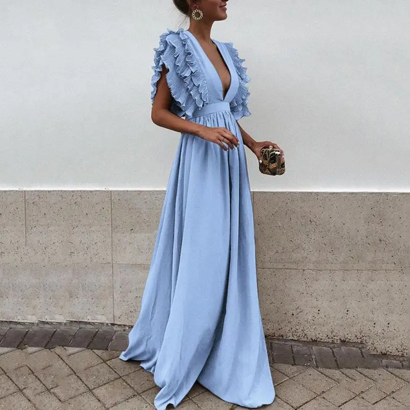 

Women Maxi Floor-Length Dress Ruffles Flying Sleeve Fit and Flare Solid Sexy Deep V Neck High Waist Long Dresses