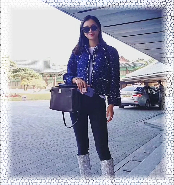 De Chic Automne Manteau 2018 Bleu Femmes Perles Top Recadrée Lâche Veste Piste Mode Tweed Blue Laine Noël Perle Revers qOYXwxA